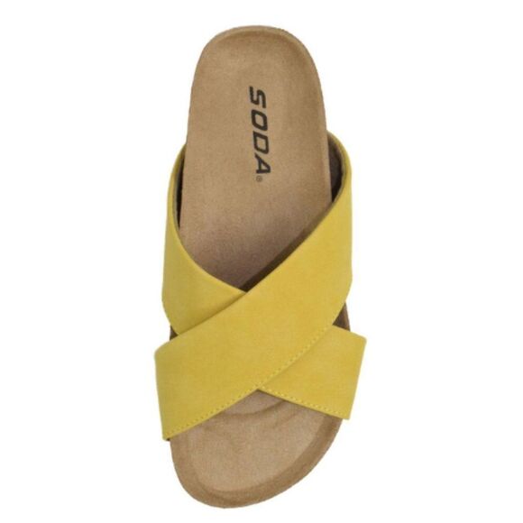 Soda Women's Dark Mustard Criss Cross Band Strap Slip On Sandals Size 5.5 - Picture 1 of 5